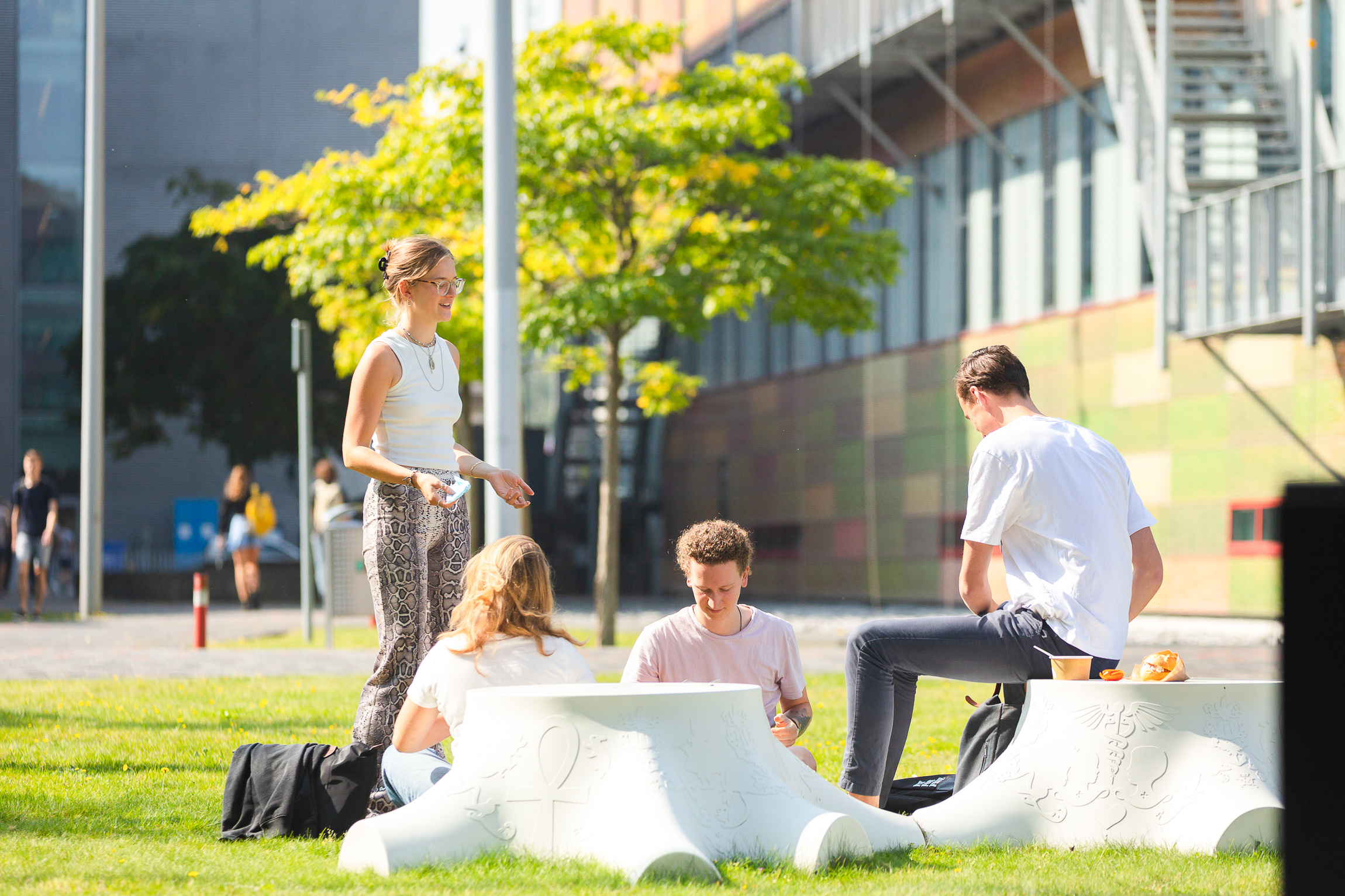 Students on the campus lawn